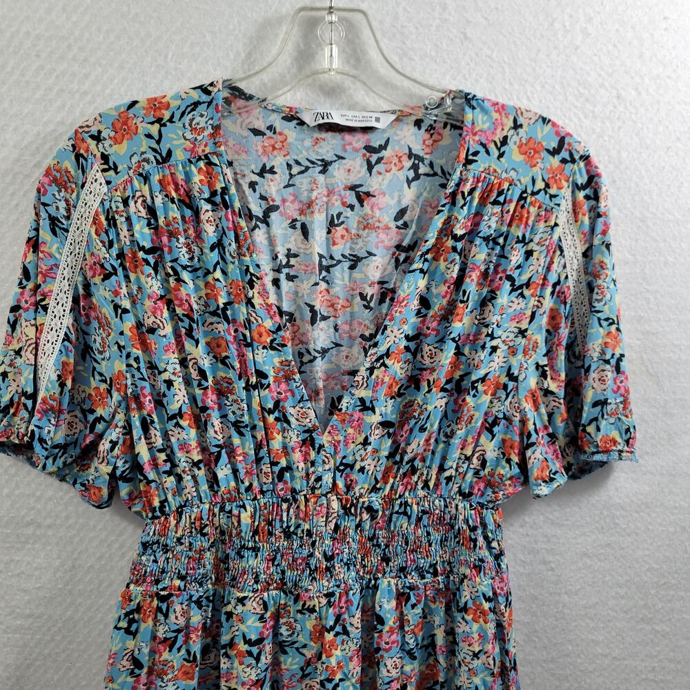 Zara Blue & Red Floral Midi Dress Short Sleeve Size L 4924-1134 - Picture 3 of 10